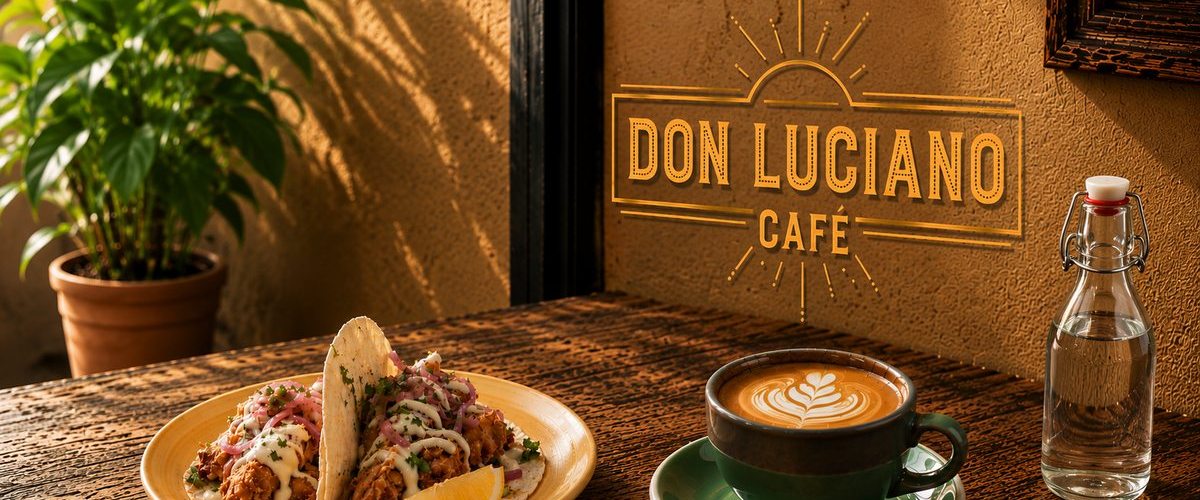 Don Luciano Café — brand image with Gracias coffee bag, tacos and flat white