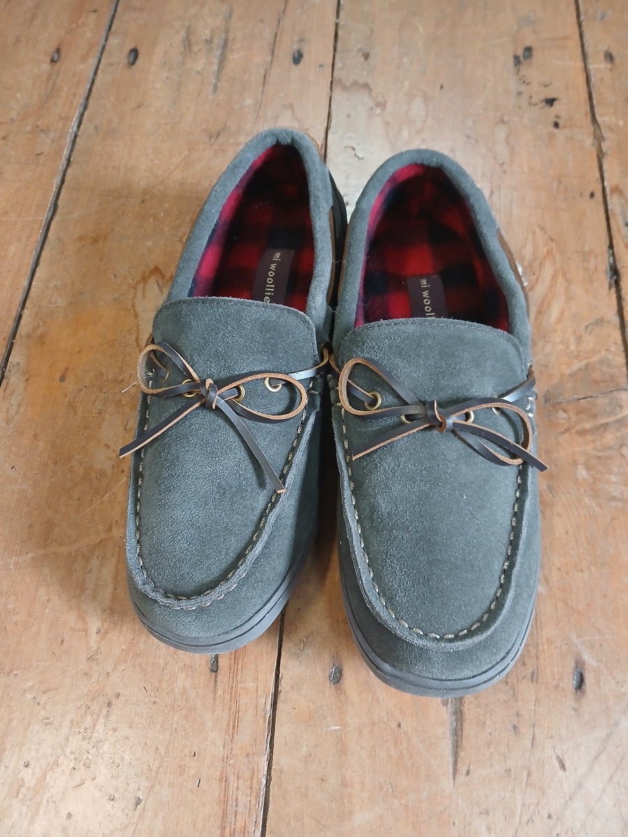 Mi Woollies suede moccasin slippers with plaid lining