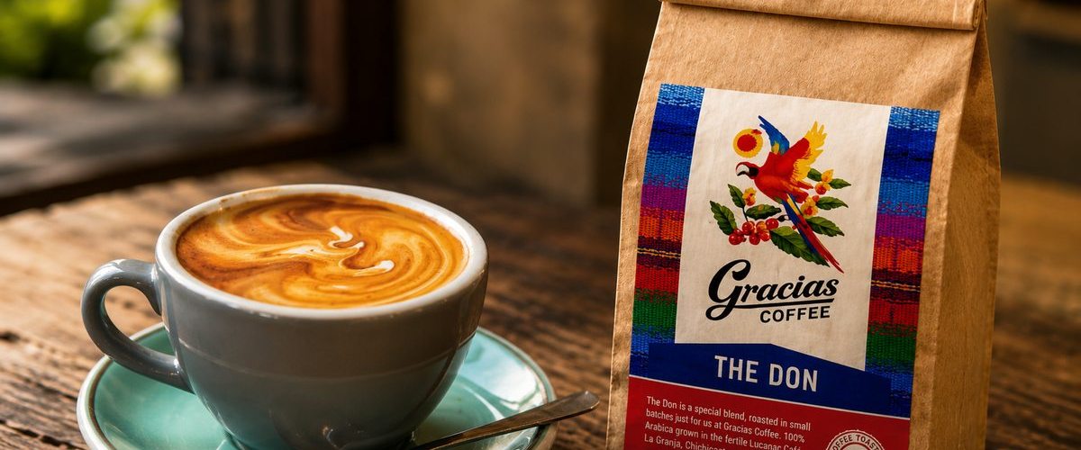 Gracias Roastery — The Don bag beside a flat white on the bench