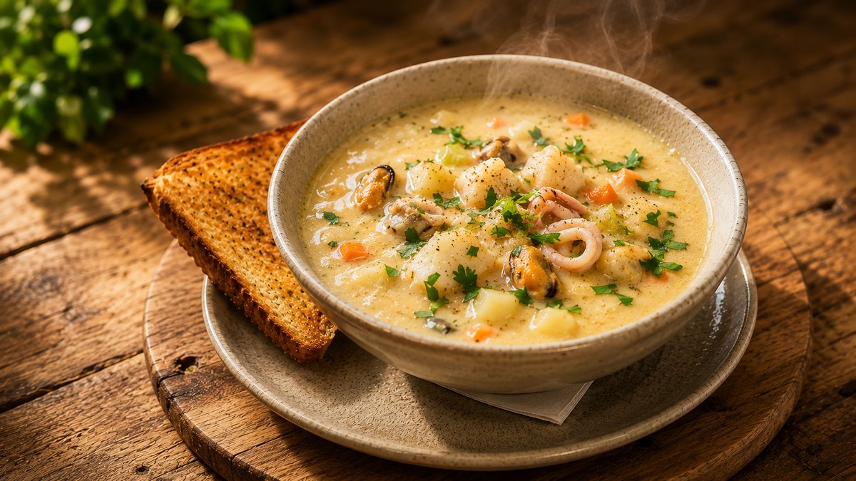 Seafood chowder with grilled ciabatta