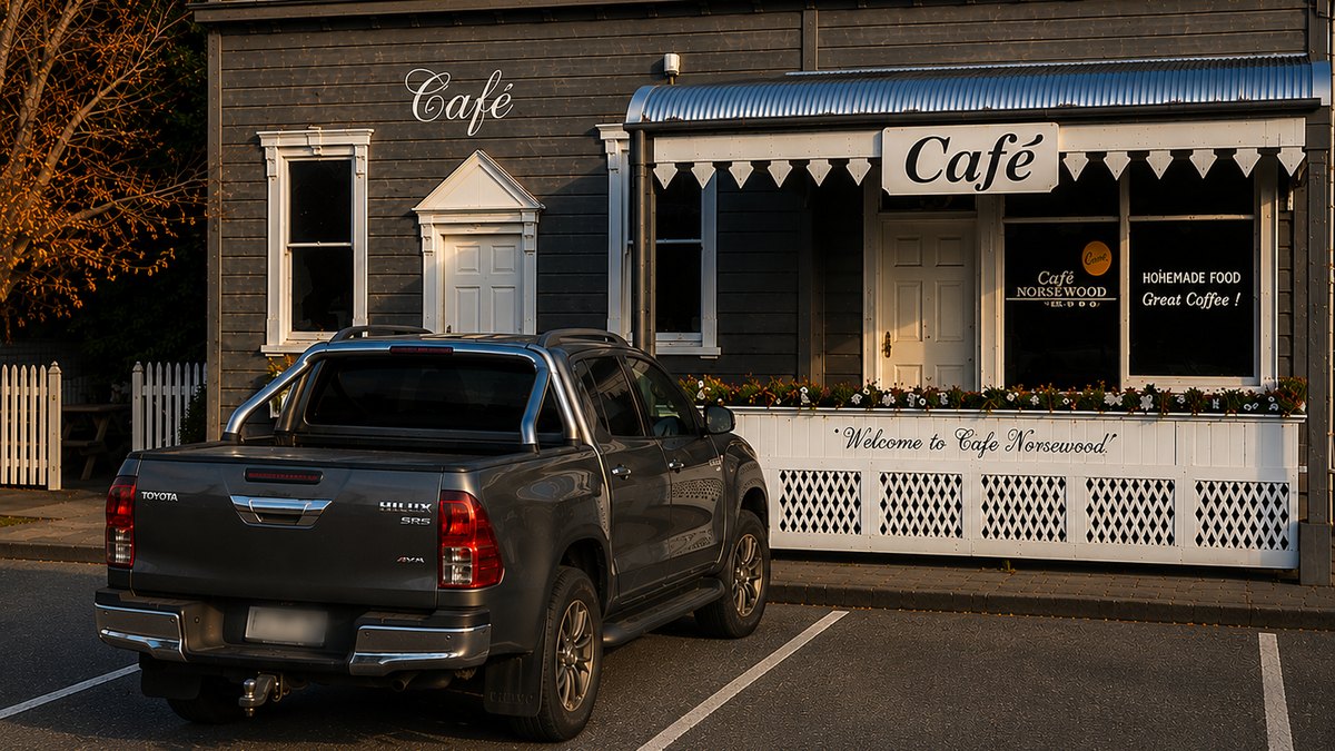 Cafe Norsewood shopfront on Coronation Street, late afternoon