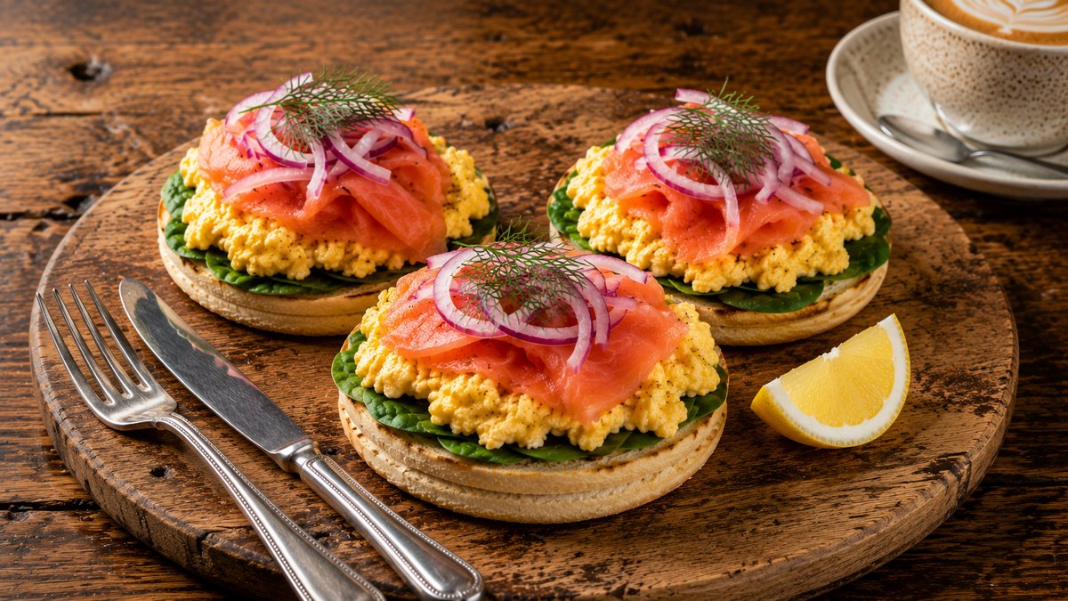 Smoked salmon and scrambled eggs on toasted crumpets