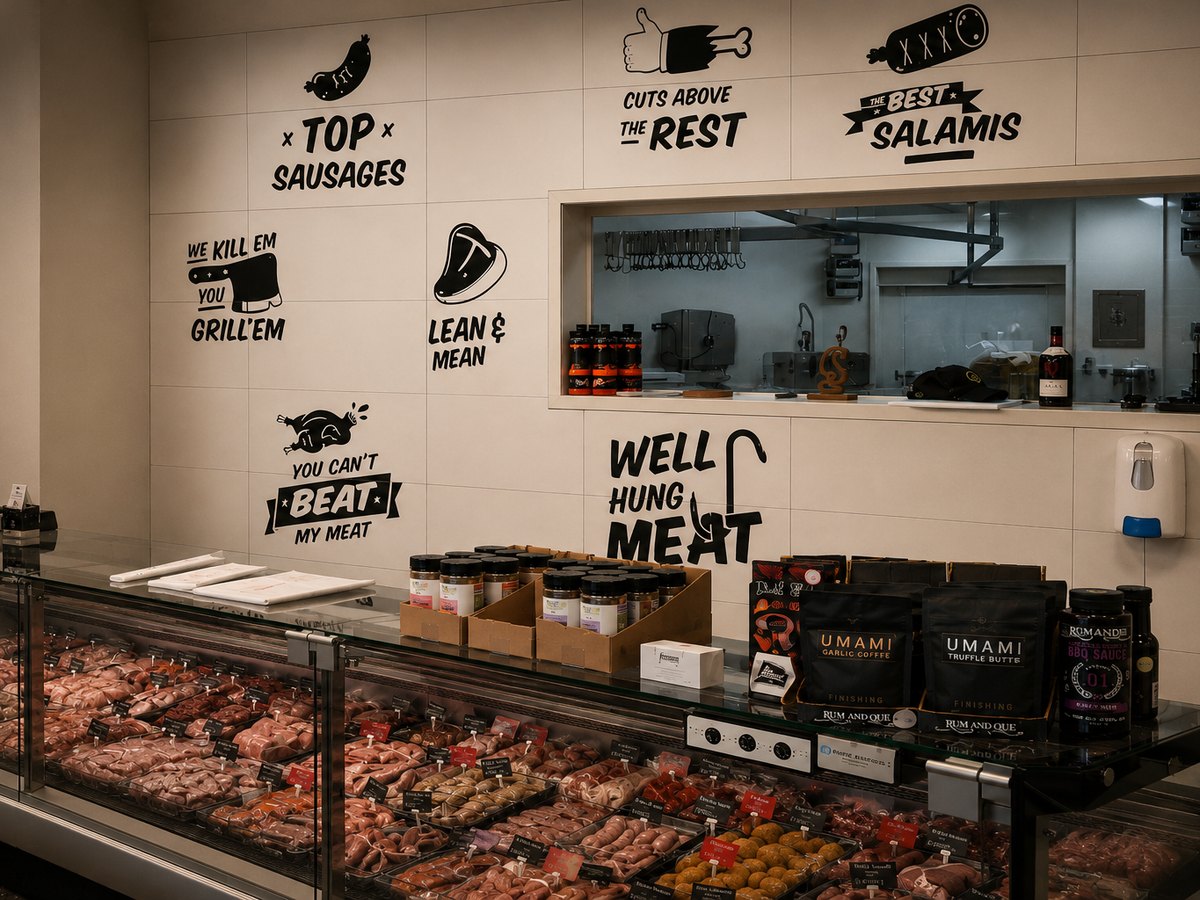 Butcher's humour on the wall at Scotty's Meats, Martinborough