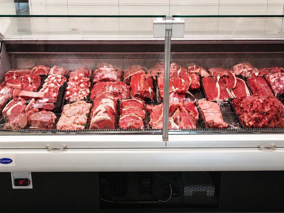The full length of the meat cabinet at Scotty's Meats