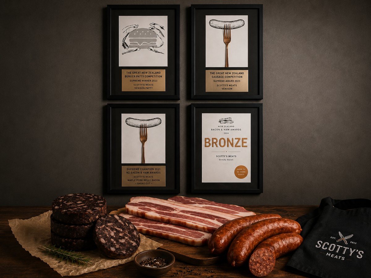 Framed competition awards on the wall at Scotty's Meats