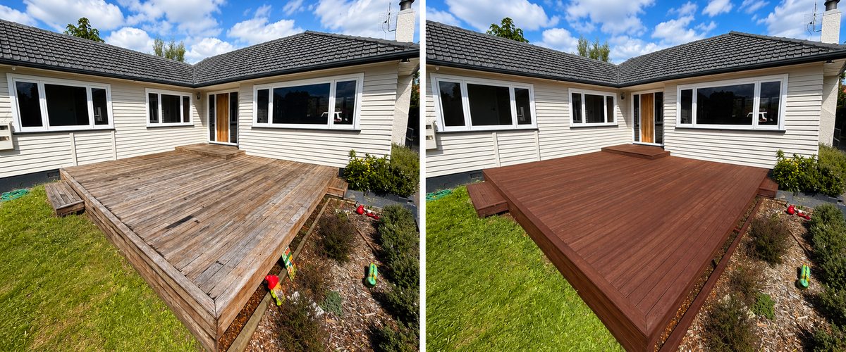 Deck staining before and after — Wolf's Painting Rotorua